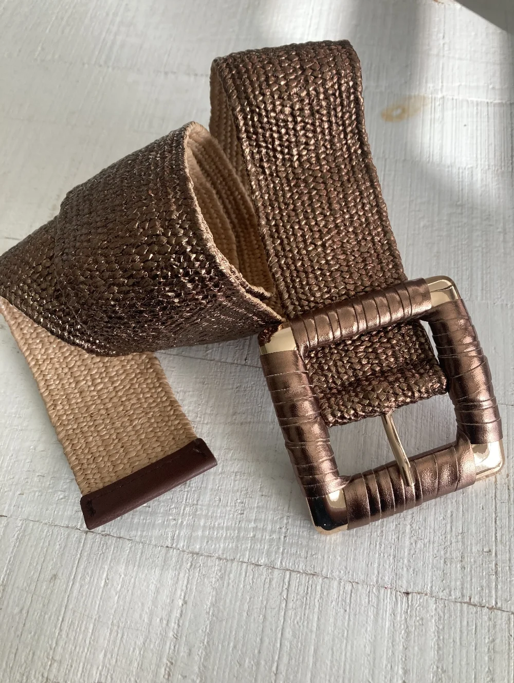 Corset Wide Woven Waist Belt Metallic Bronze Stretch Chunky Square Buckle S/M/L